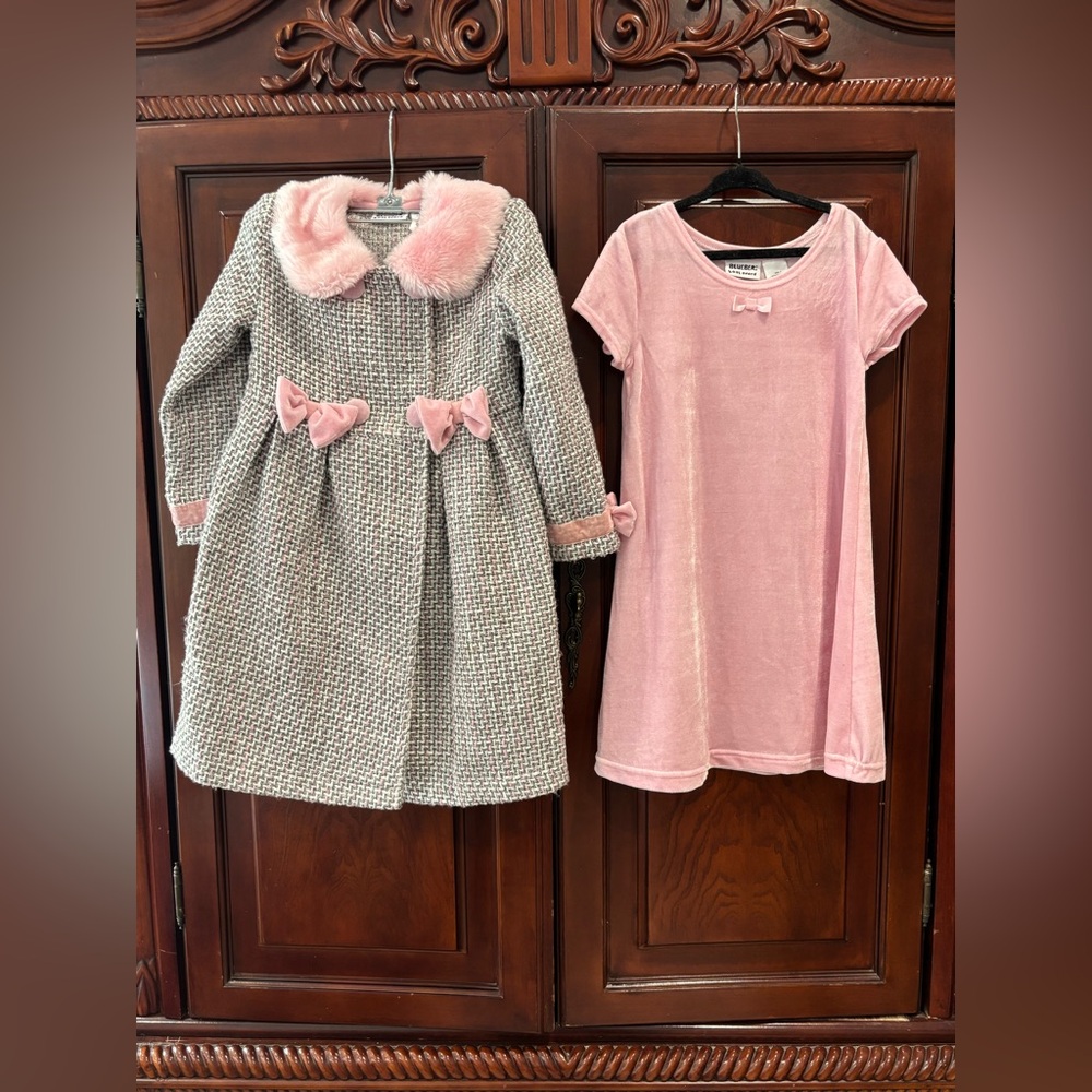 Blueberi Boulevard gray coat and Pink velvet Dress set with Bow